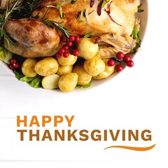 Composition of happy thanksgiving day text over turkey