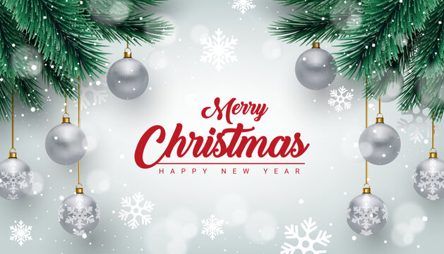realistic modern white merry christmas and happy new year banner design