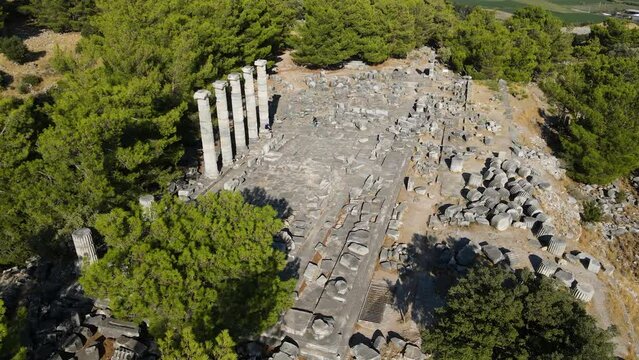 View of historical ruins, columns, ancient theater and temples in the ancient city of Priene.