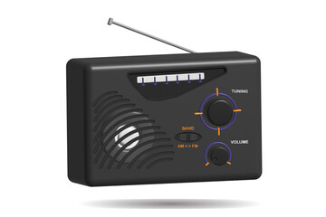 3D Realistic Isolated old black retro radio tuner on white background.