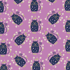 Seamless pattern with cute cat purple doodle