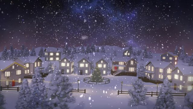 Animation of snow falling over lit houses in winter scenery