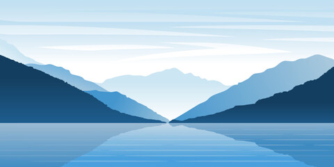 Blue shades of lake and mountains and landscape nature background vector art