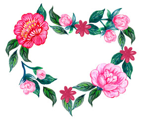 Bouquet wreath frame element flower with floral motif pink color in asian oriental style for design of spring dress fabrics