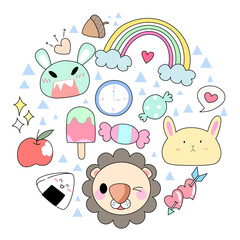 Kawaii set fashion patches badges for sticker , postcard , invitation . vector illustration for kids on a circle background
