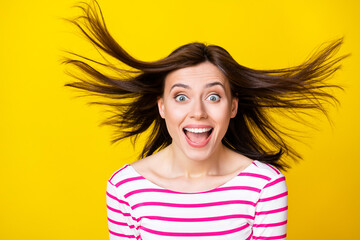 Photo of astonished satisfied cool joyful lady girl rejoice has fun chill relax holiday weekend...