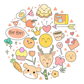 Kawaii set fashion patches badges for sticker , postcard , invitation . vector illustration for kids on a circle background