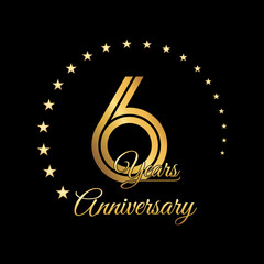 6 Years Anniversary, Perfect template design for anniversary celebration with gold color for booklet, leaflet, magazine, brochure poster, web, invitation or greeting card. Vector template