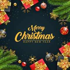 realistic decorative merry christmas and happy new year greeting card design
