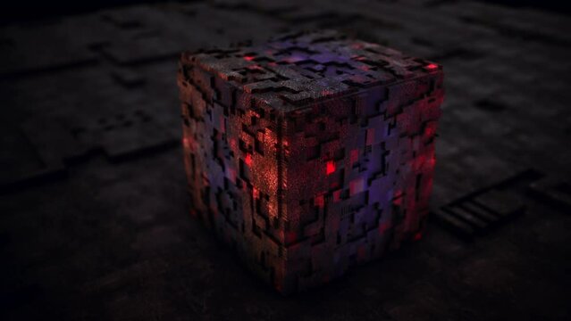 Abstract 3D visualization of many geometric Red Purple grunge digital cube moving loop able motion design. 4K Computer animation technology background on dark tile background 