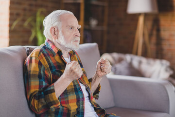 Photo of retired old man granddad grey hair raise fists watch bad news politics angry wear casual...