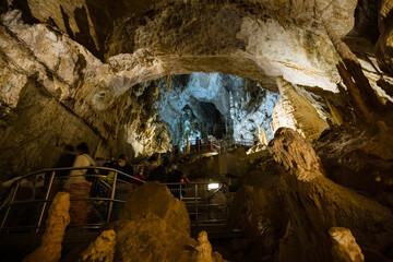 Fairy views from The Frasassi Caves (Italian: Grotte di Frasassi) - the most famous show caves in Italy. The karst cave system is located in the municipality of Genga, Ancona, Marche, Italy.