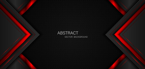 Abstract black and red polygon with red glow lines on dark steel mesh background with free space for design. modern technology innovation concept background  © Natt