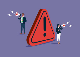 Business people announce on megaphone with attention exclamation sign. Important announcement, breaking news or urgent message communication, alert and beware. 