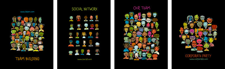 Group of people, community. Social network. Holy holiday, colorful faces. Set for your design project - cards, banners, poster, web, print, social media, promotional materials. Vector illustration