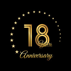 18 Years Anniversary, Perfect template design for anniversary celebration with gold color for booklet, leaflet, magazine, brochure poster, web, invitation or greeting card. Vector template