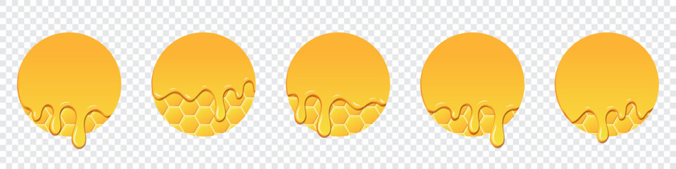 Set of honey drops. Dripping melted honey. Realistic melted honey. Honey drops. Melting honey. Yellow liquid dessert, sweet drip melt. Vector illustration © Aozora