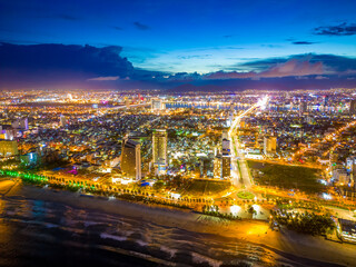 Fototapeta na wymiar Aerial view of Da Nang city at sunset which is a very famous destination of Vietnam.