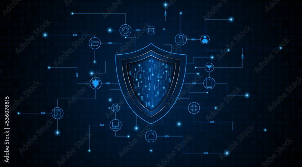 Poster Abstract technology circuit board background with shield symbols concept of data protection and cyber privacy. modern security technology innovation concept background
