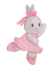 Watercolor illustration of a cute Bunny girl who dances like a ballerina in a pink dress, pointe shoes and with a bow on her head. 