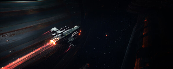 Futuristic Sci-Fi Spaceship fighter flying fast with motion blur effect (custom design) - 3d illustration, 3d render
