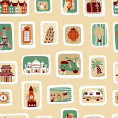 Seamless pattern of postal stamps. Travel labels and badges flat vector illustration on white background
