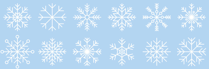 Fototapeta na wymiar Snowflake variations icon collection. Snowflake icons set. Snowflake symbols. Snow icon. Frost winter background. Snowflakes ice crystal isolated. Vector illustration