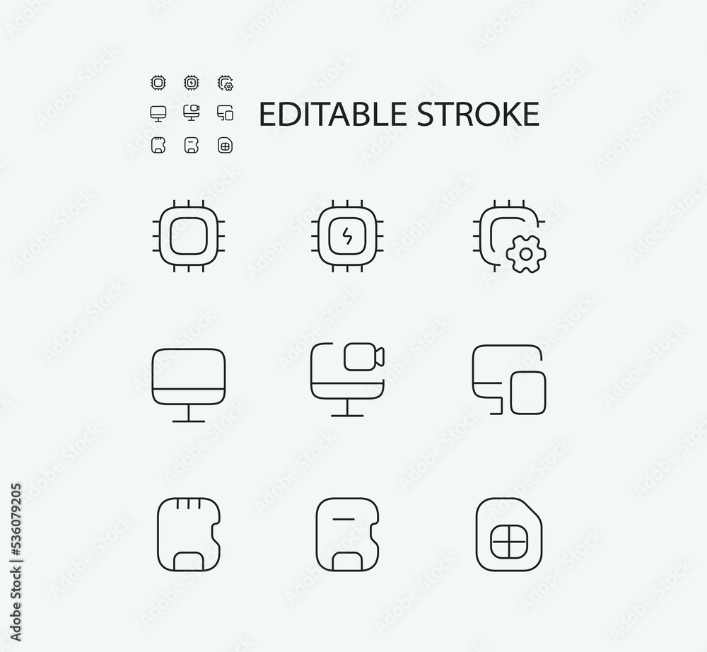 Poster simple set of technology related vector line icons. contains such icons as device and memory card an