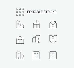 Simple Set of Building Related Vector Line Icons. Contains such Icons as Buildings and Estate and more. Editable Stroke. 72x72 Pixel Perfect.