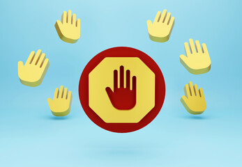 Fototapeta na wymiar Red stop hand block sign, Adblock, Do Not Enter, Forbidden Icon, Stop sign, hand stop symbol, traffic stop, restricted and dangerous signs with colored background. 3D render.