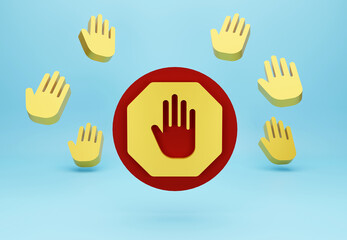 Red stop hand block sign, Adblock,  Do Not Enter, Forbidden Icon, Stop sign, hand stop symbol, traffic stop, restricted and dangerous signs with colored background. 3D render.