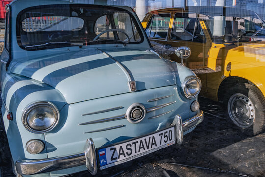 Rawa Mazowiecka, Poland - February 14, 2022: Zastava 750 retro car on a exhibit on a Moya petrol station on S8 route