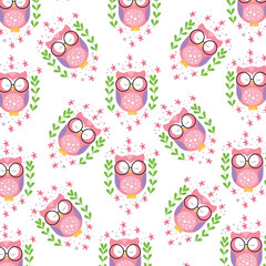 Seamless pattern with cute owl white and pink doodle