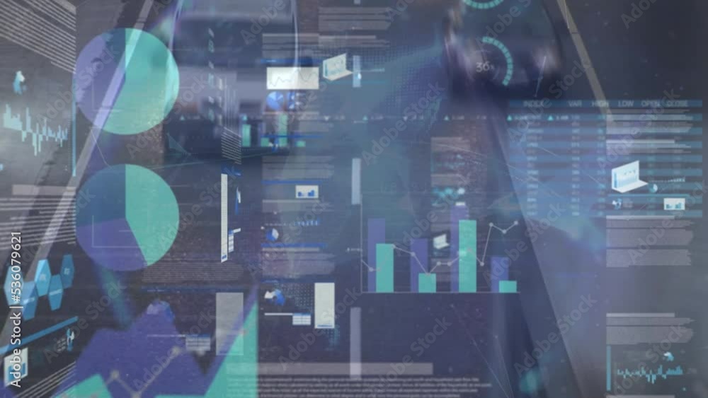 Poster animation of financial data and graph over globe and timelapse with road traffic