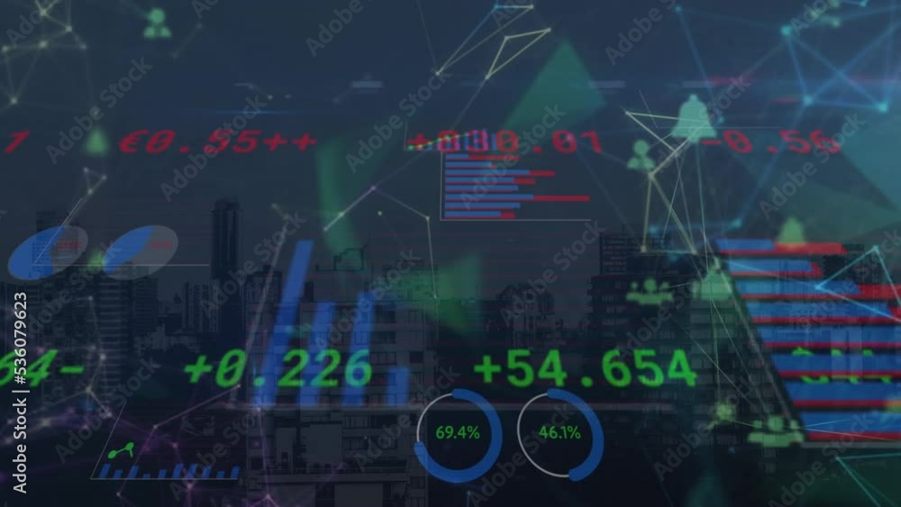 Poster animation of financial data and graph over cityscape