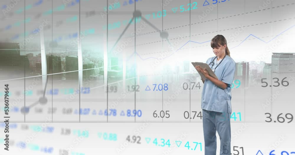 Sticker Animation of financial data and graphs over caucasian female doctor