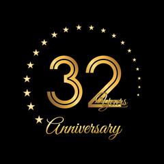 Fototapeta na wymiar 32 Years Anniversary, Perfect template design for anniversary celebration with gold color for booklet, leaflet, magazine, brochure poster, web, invitation or greeting card. Vector template