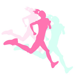 Obraz na płótnie Canvas Sport vector illustration of silhouette pink green beautiful woman running with pony tail hair, shadow of run girl with sport shoes