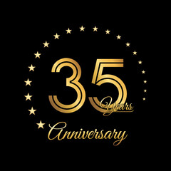 35 Years Anniversary, Perfect template design for anniversary celebration with gold color for booklet, leaflet, magazine, brochure poster, web, invitation or greeting card. Vector template