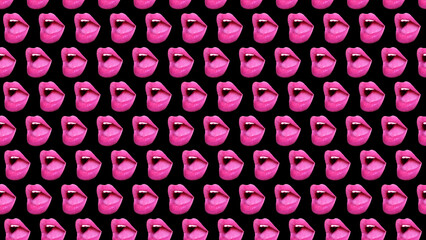 trendy colorful repeating pattern of female lips or mouth on a black background.