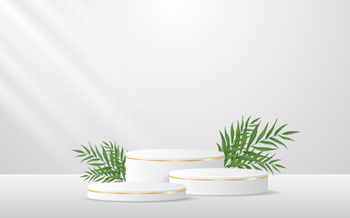Multi-layered white podium with elegant gold lines and green leaves on the back for product presentation. Cosmetic product display. vector illustration
