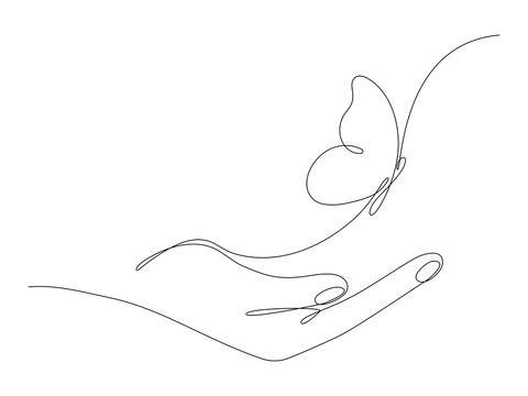 Butterfly flying on human hand continuous line art drawing. One line butter fly insect. Vector isolated on white.