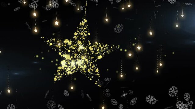 Animation of lights falling over golden star on black background