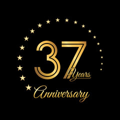 37 Years Anniversary, Perfect template design for anniversary celebration with gold color for booklet, leaflet, magazine, brochure poster, web, invitation or greeting card. Vector template