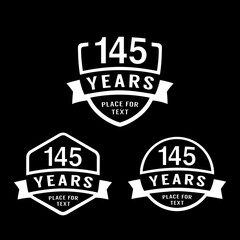145 years anniversary celebration logotype. 145th anniversary logo collection. Set of anniversary design template. Vector illustration. 