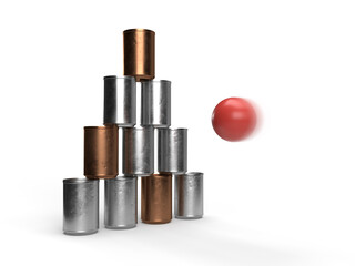 Pyramid of cans with a red flying ball. 3D illustration.