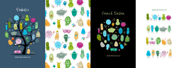 Concept Art set, funny and scary bacteria characters. Frame, background, tree, icons. Set for your design project - cards, banners, poster, web, print, social media, promotional materials. Vector