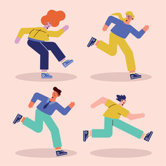 four persons running characters