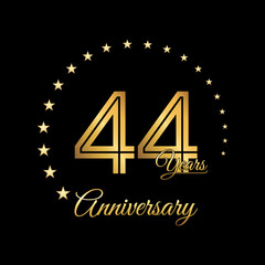 44 Years Anniversary, Perfect template design for anniversary celebration with gold color for booklet, leaflet, magazine, brochure poster, web, invitation or greeting card. Vector template