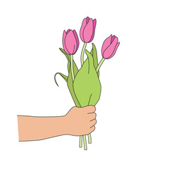 A man's hand holds three pink tulips. a bouquet of flowers from a man for his birthday, March 8 or another holiday. Vector isolated illustration in cartoon or flat style